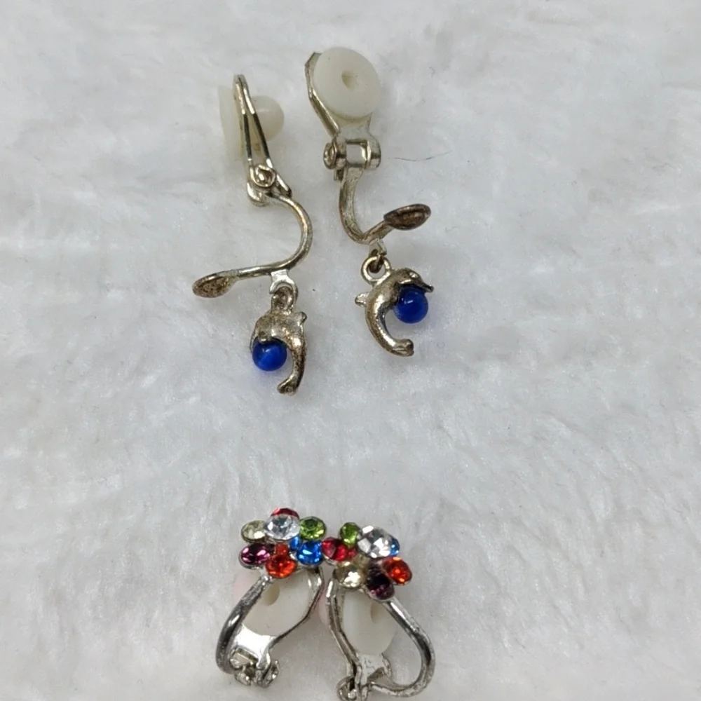 Vintage Clip On Earrings Lot Dolphin Blue Bead &  Rhinestone Y2K Coastal